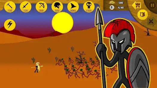 Stick War Legacy game interface with icons and large warrior character.