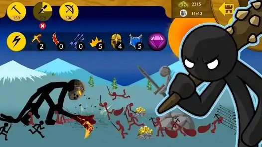 Stick War Legacy battle scene with warriors fighting and a giant enemy