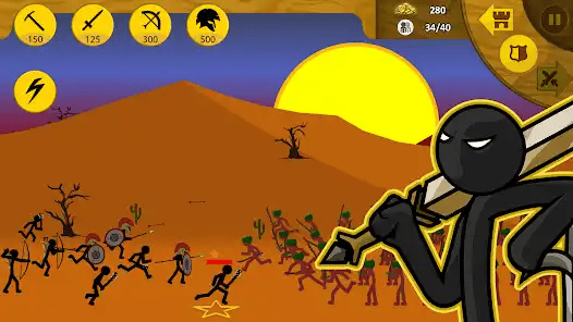 Stickman warrior holding a sword in a desert battle scene.