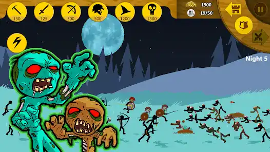 Stickman soldiers fighting zombies in a night battle.