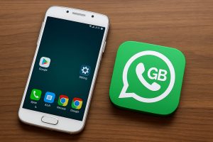 Smartphone showing mobile apps and GB WhatsApp icon on a wooden table.