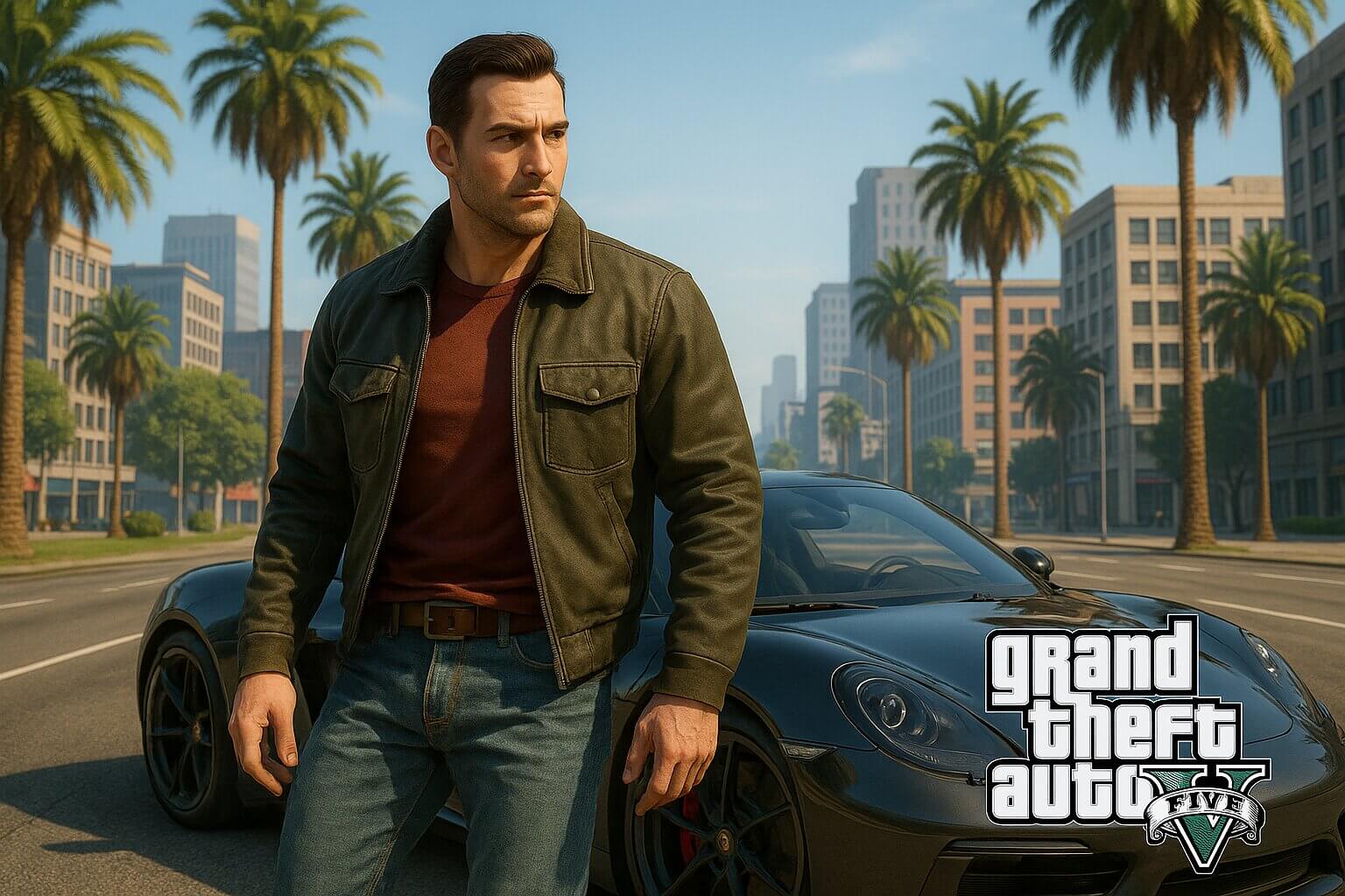 GTA 5 character with sports car in open-world city