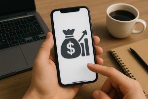Smartphone screen showing dollar bag and rising graph, symbolizing top money-earning apps.