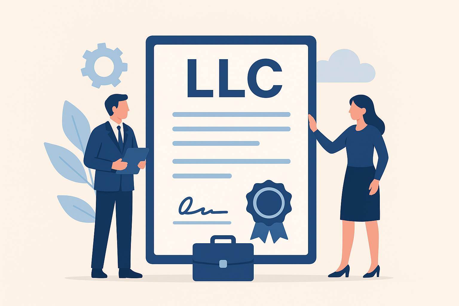 Illustration of two business professionals standing next to a large LLC formation document with icons of a briefcase, gear, and leaves in the background.